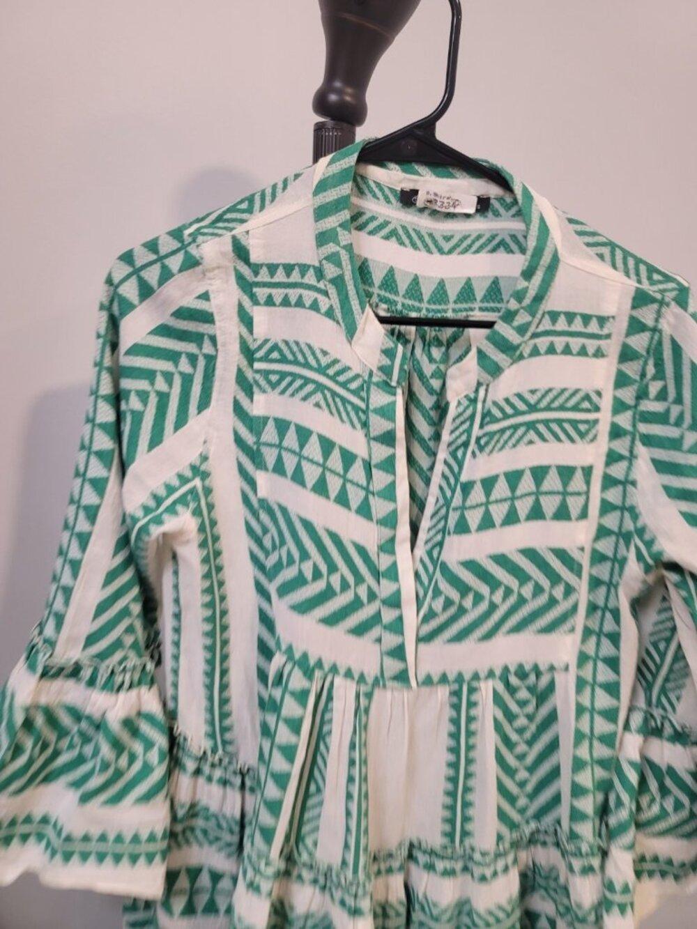 Devotion Twins Women's Ella Short Dress Green White Boho Tiered Cotton Size Xs - Picture 2 of 7